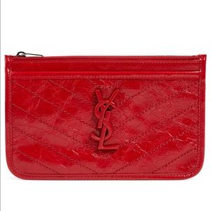 YSL Niki Bill Pouch Matelasse Chevron Red Leather Clutch